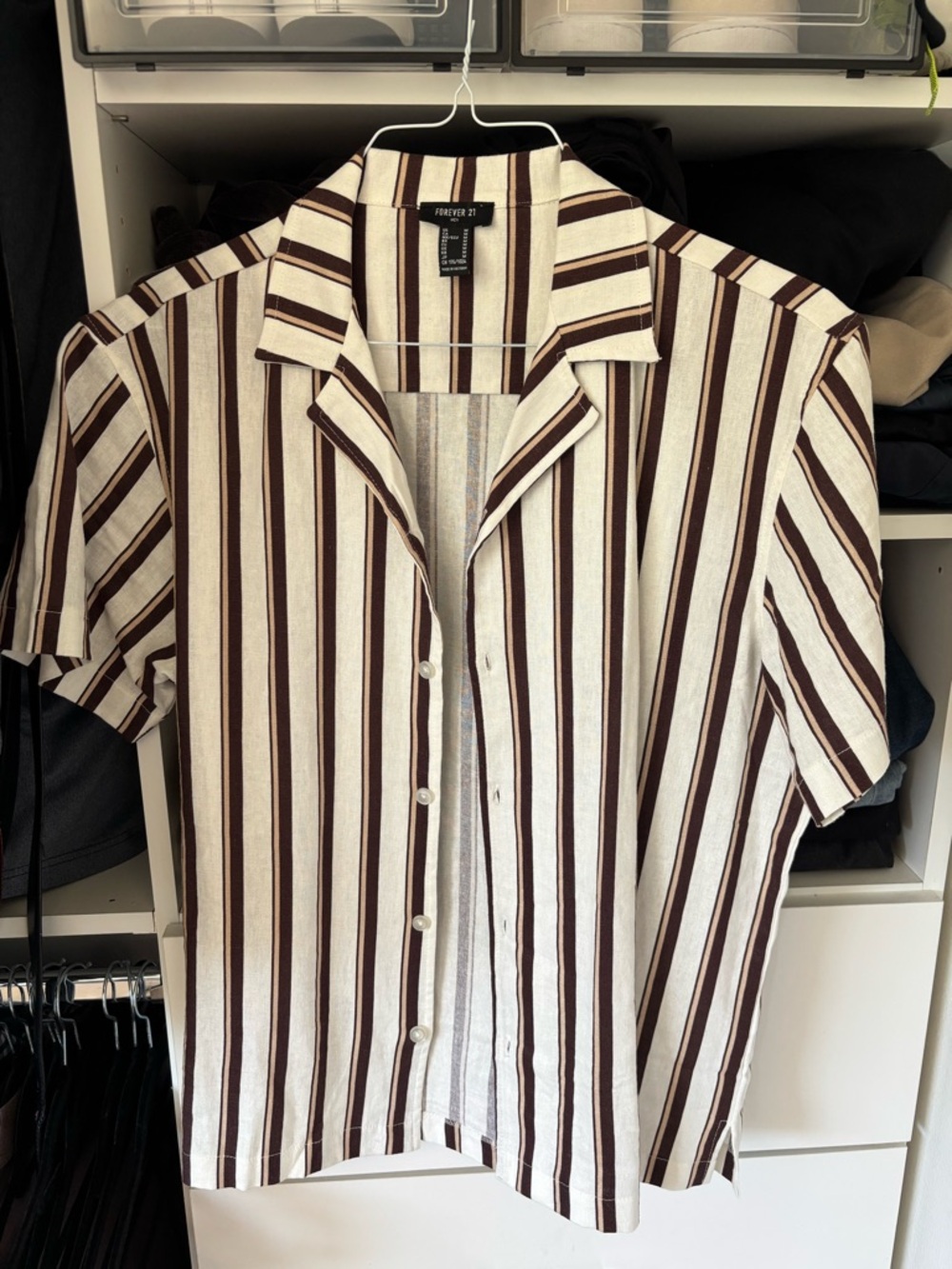 Forever 21 Men's Cream and Brown Vertical Stripe Short Sleeve Button-Down